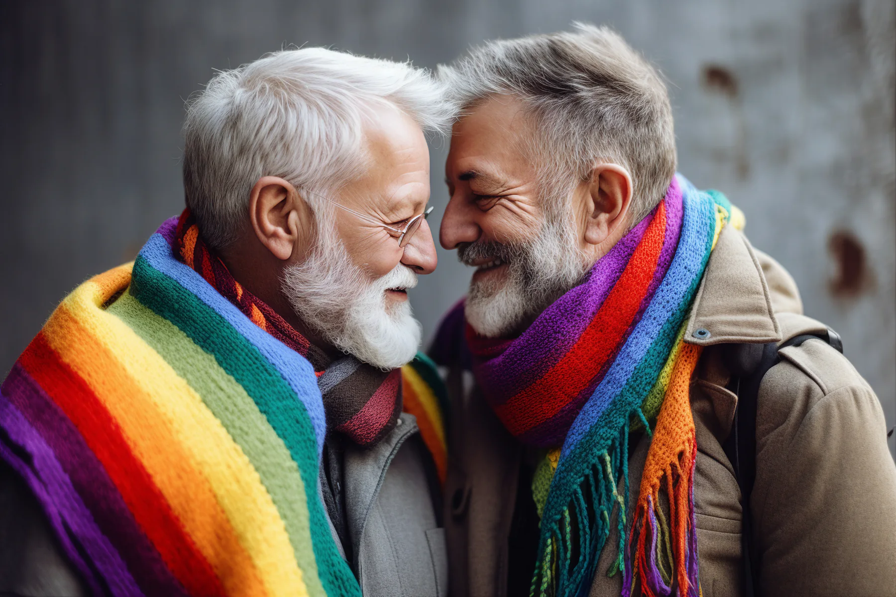 Two older men smiling together in colorful scarves