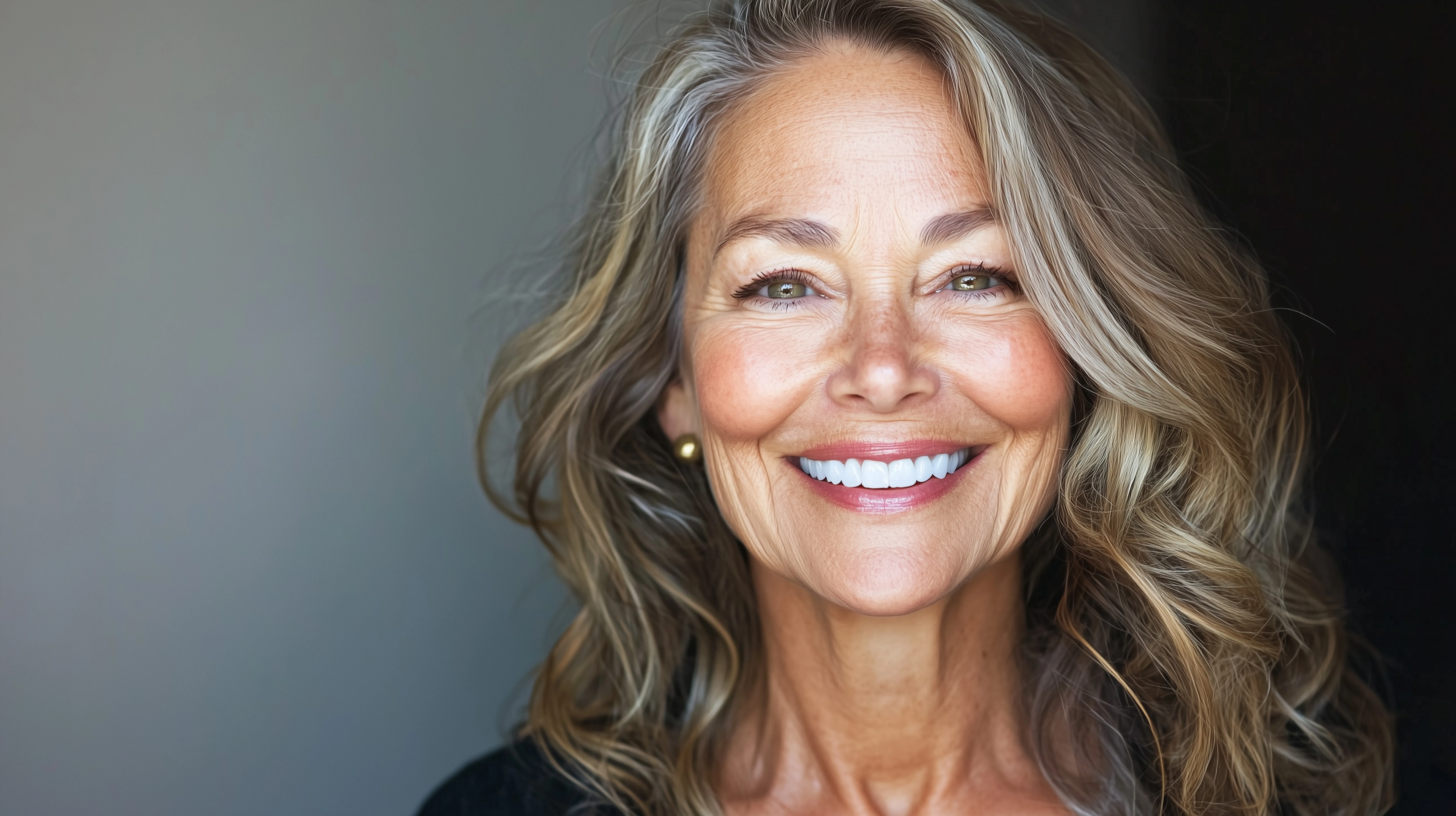 A smiling older woman with silver-blonde hair