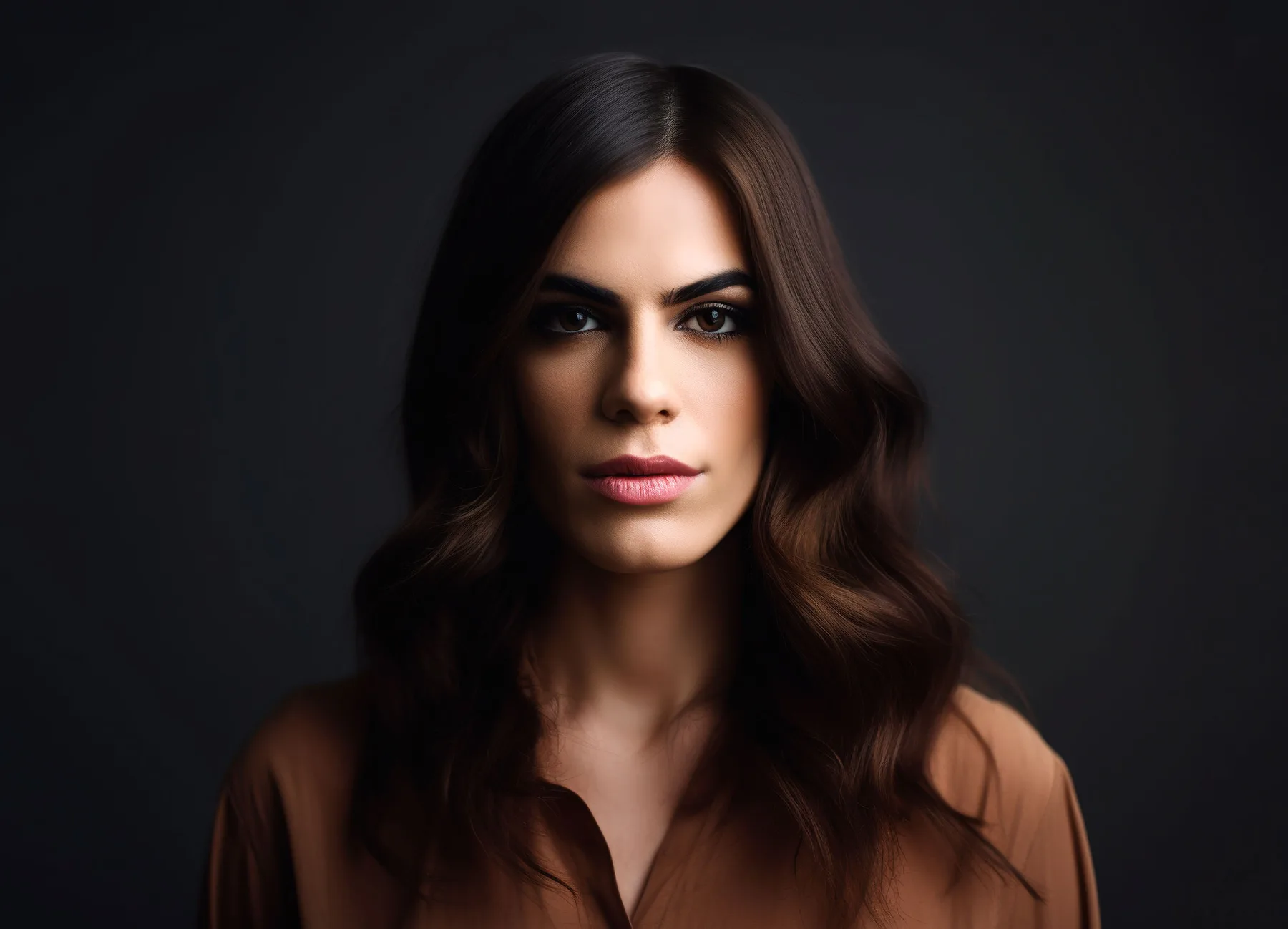A woman with long dark hair against a charcoal background