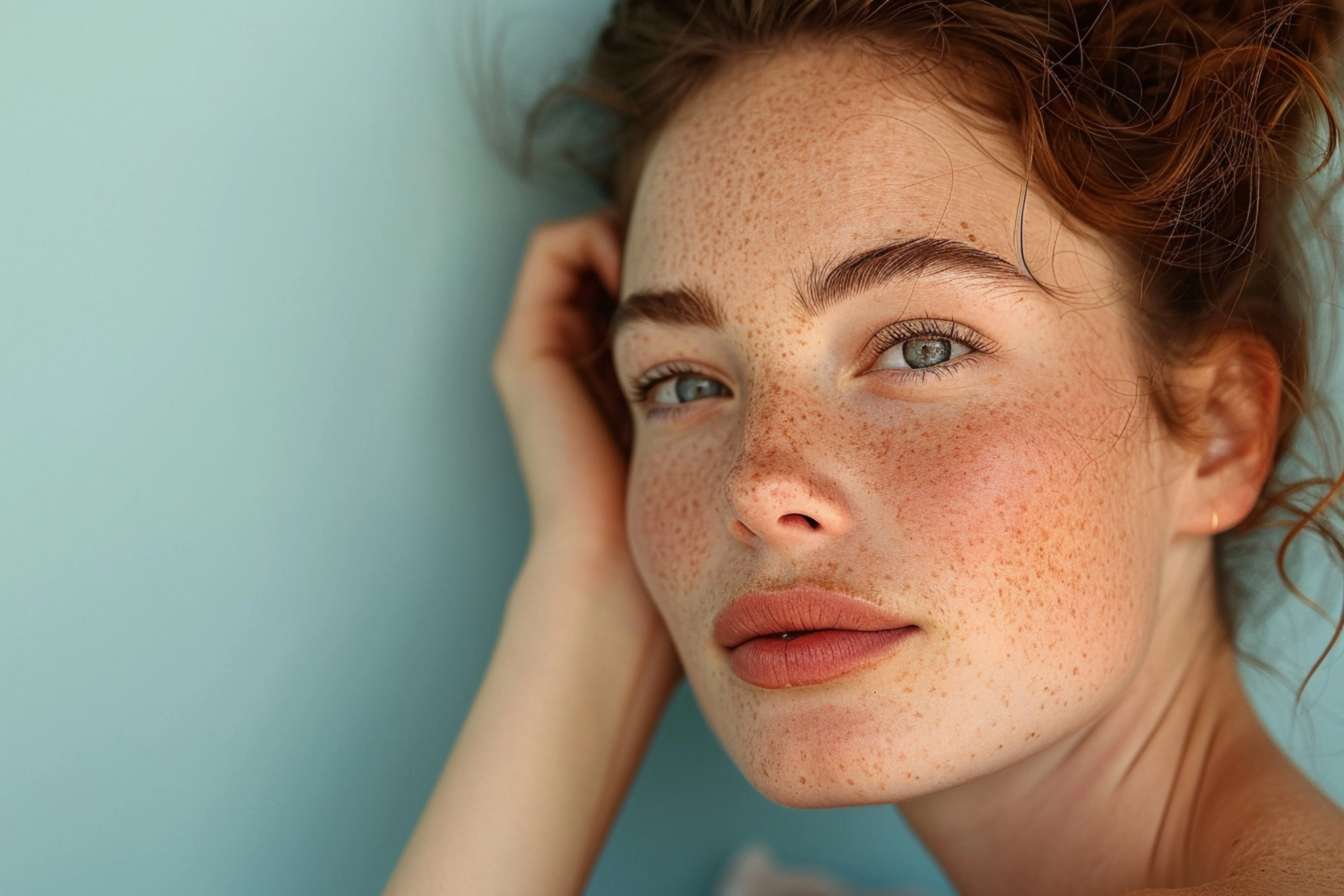 A freckled woman with red hair against a soft teal background
