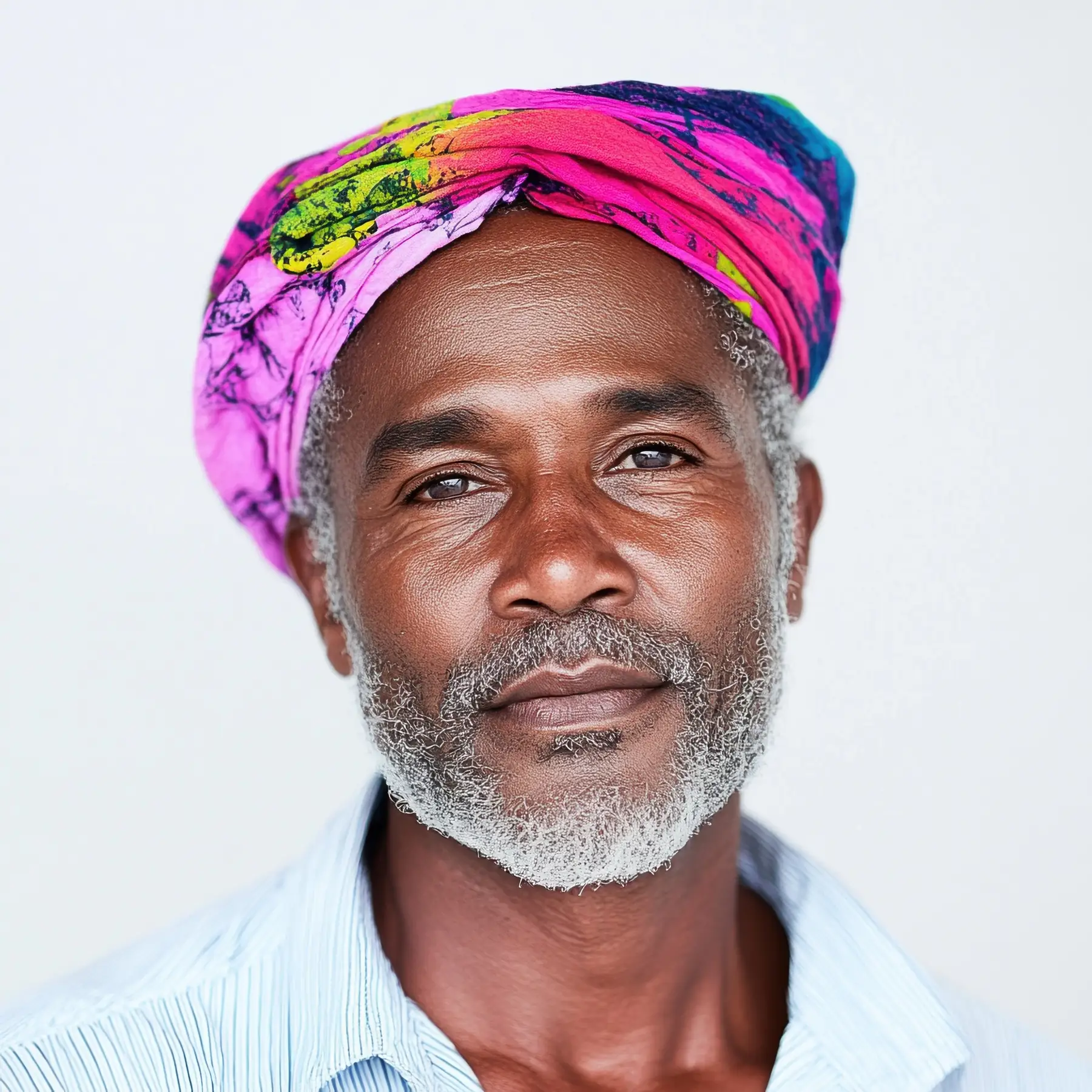 A man with a gray beard and a bright patterned head wrap