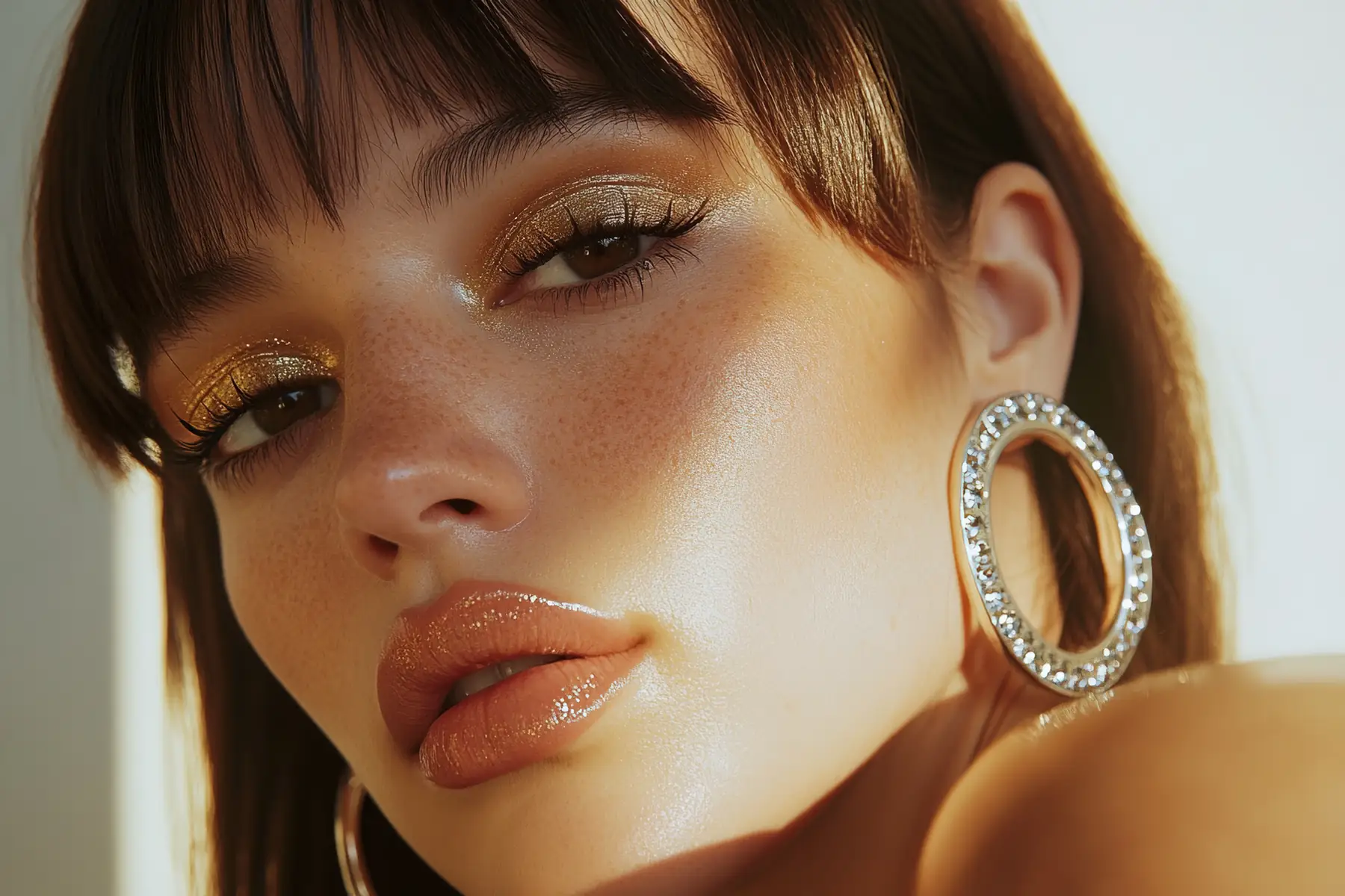 A woman with bangs, gold eye shadow and hoop earrings