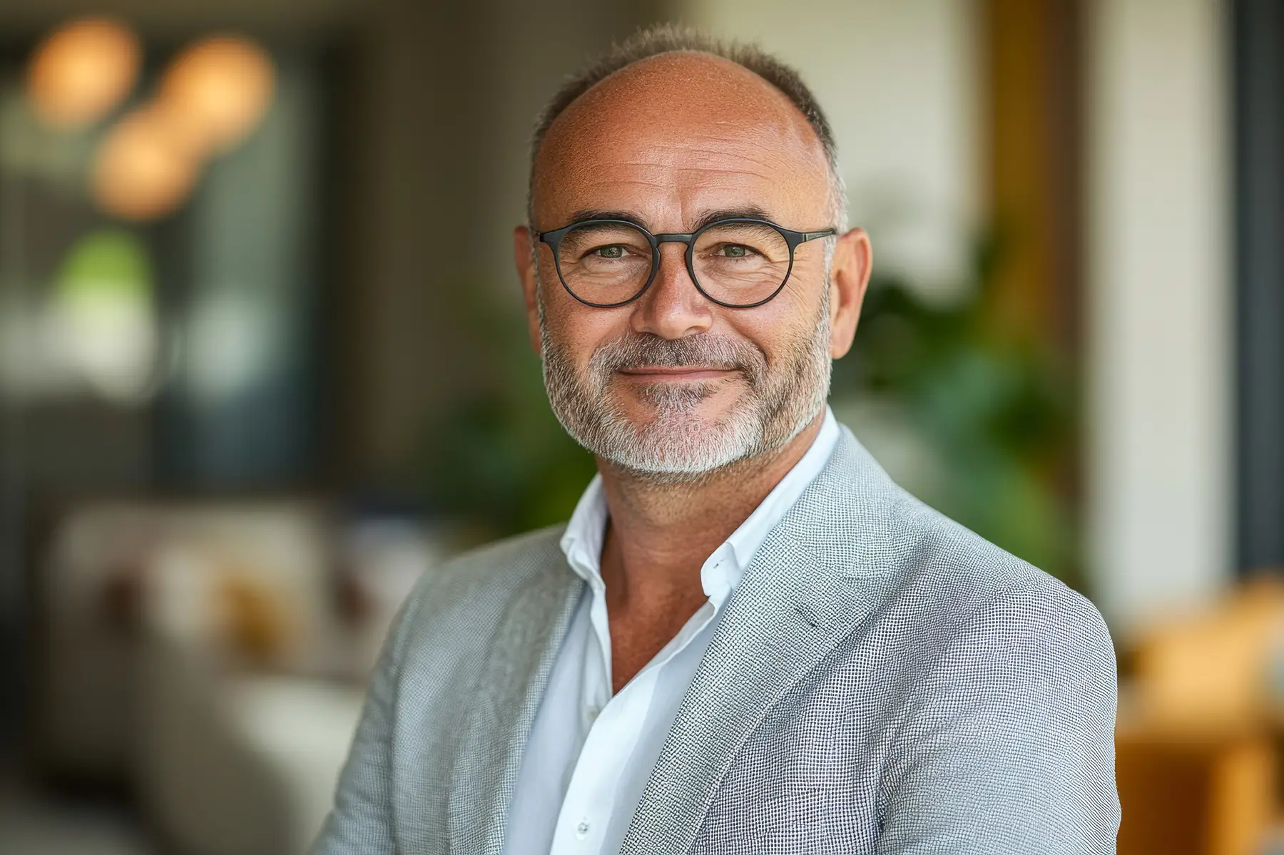 A smiling man with round glasses and a gray blazer