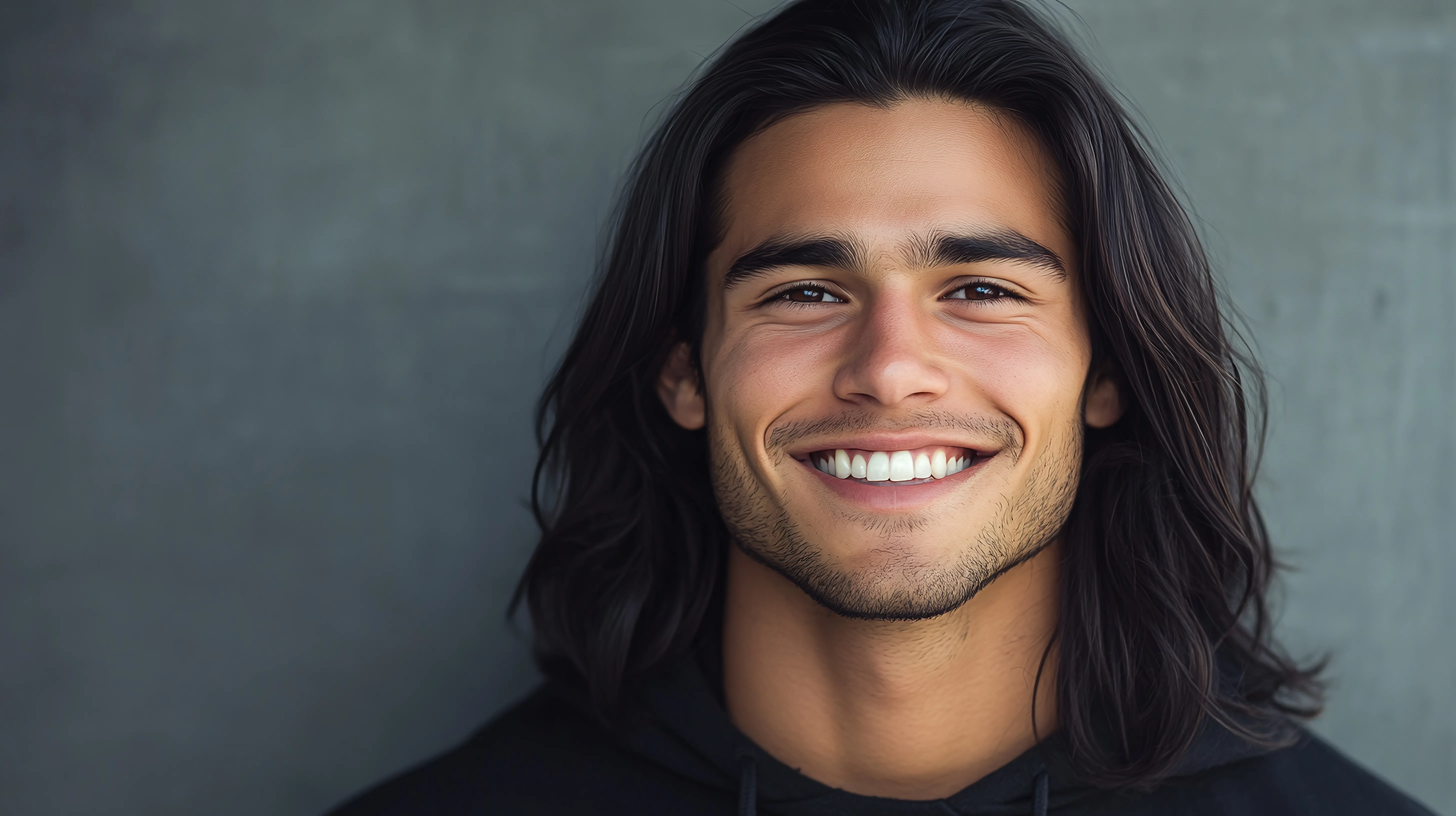 A smiling man with long dark hair